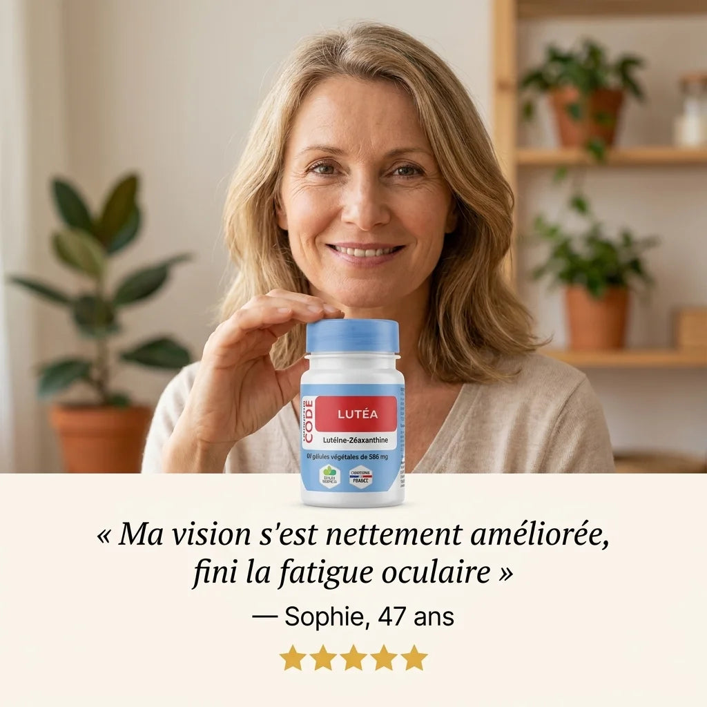Femme tenant une bouteille Lutéa gélules avec témoignage vision améliorée et avis 5 étoiles