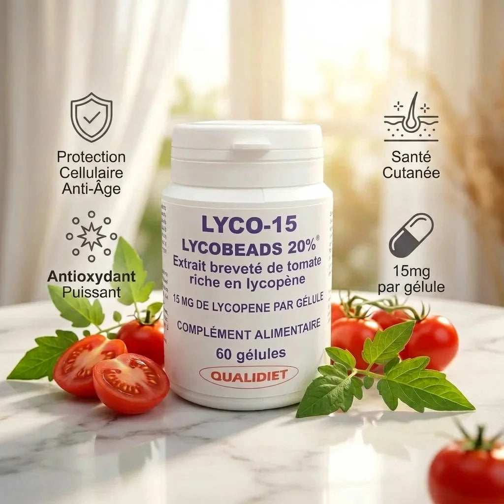 Lyco15 lycopène gélules avec tomates, bénéfices antioxydants et protection cellulaire anti-âge