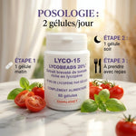 Lyco15 lycopène gélules avec posologie 2/jour, tomates et basil sur marbre blanc