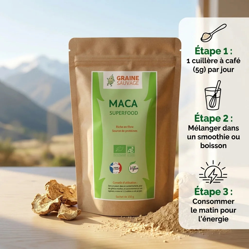 Maca bio poudre 150g avec guide dosage - 1 cuillère café par jour dans smoothie