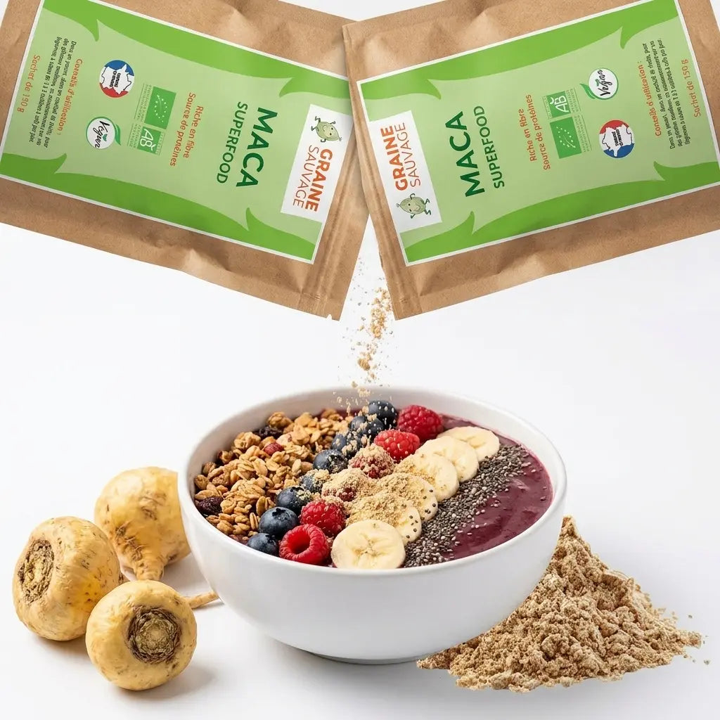 Sachet maca bio poudre 150g versé dans smoothie bowl avec fruits et granola