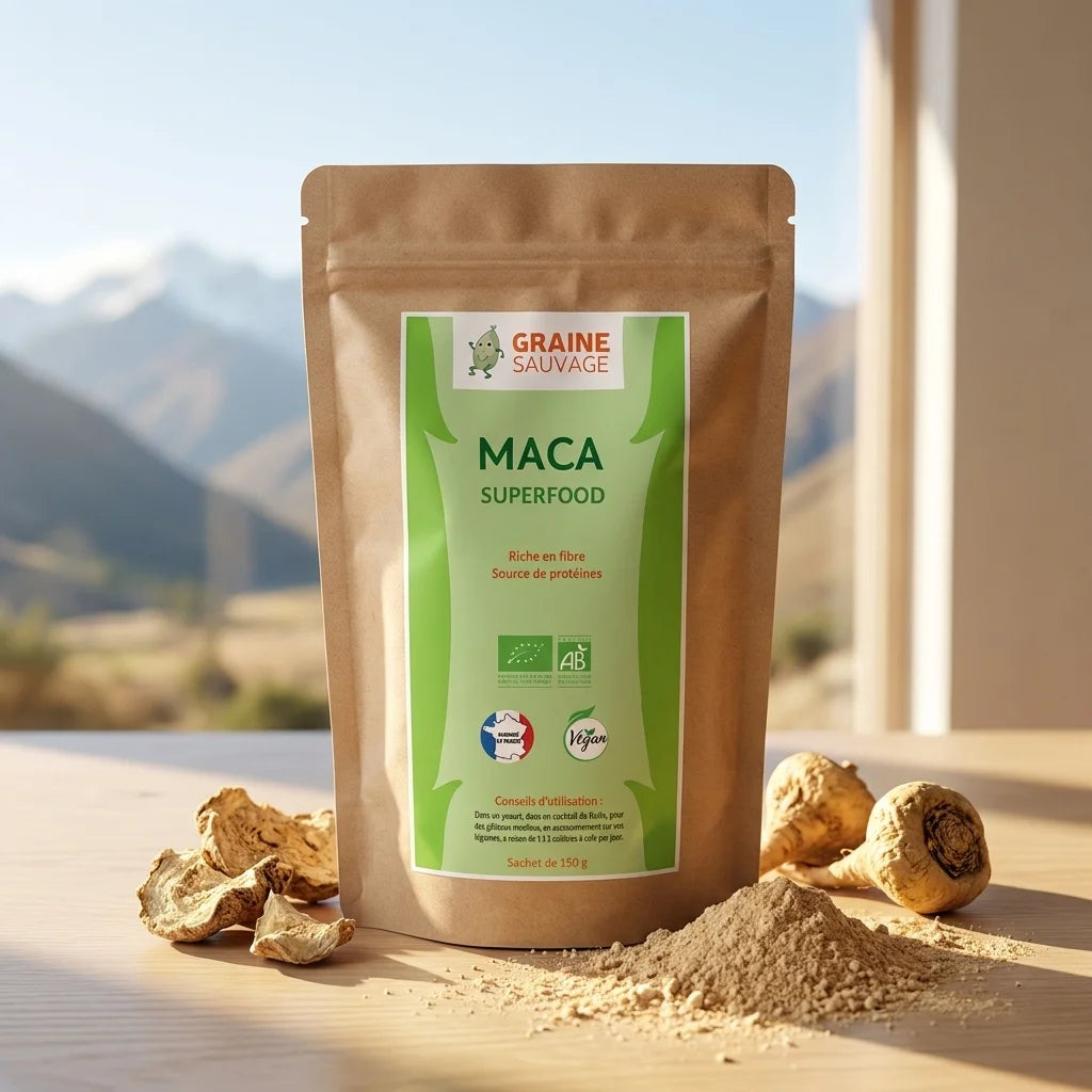 Sachet Maca bio vegan poudre 150g Graine Sauvage avec racines et paysage montagne