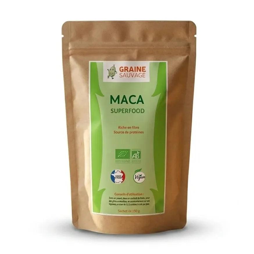 Poudre Maca bio vegan 150g Graine Sauvage en sachet kraft avec étiquette verte