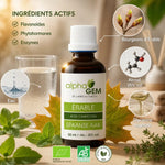 Macérât Bourgeons Erable champêtre Bio Alphagem bouteille avec ingrédients actifs et feuilles d'érable