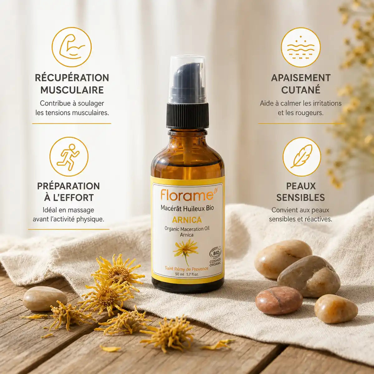 Macérât huileux d'Arnica Florame bio avec bénéfices récupération musculaire et apaisement cutané