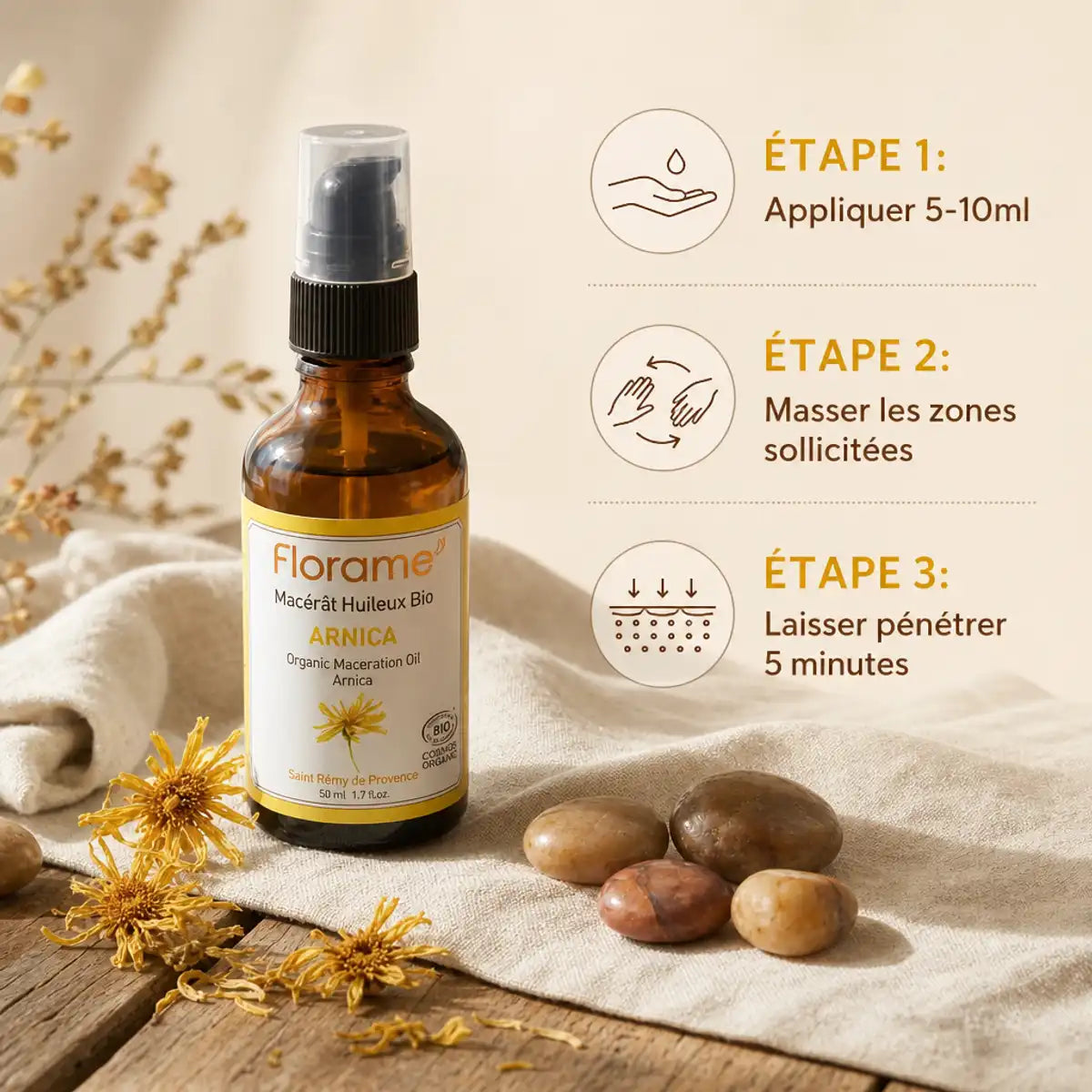 Macérât Huileux d'Arnica bio Florame avec guide d'application en 3 étapes et fleurs d'arnica