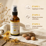 Macérât Huileux d'Arnica bio Florame avec guide d'application en 3 étapes et fleurs d'arnica