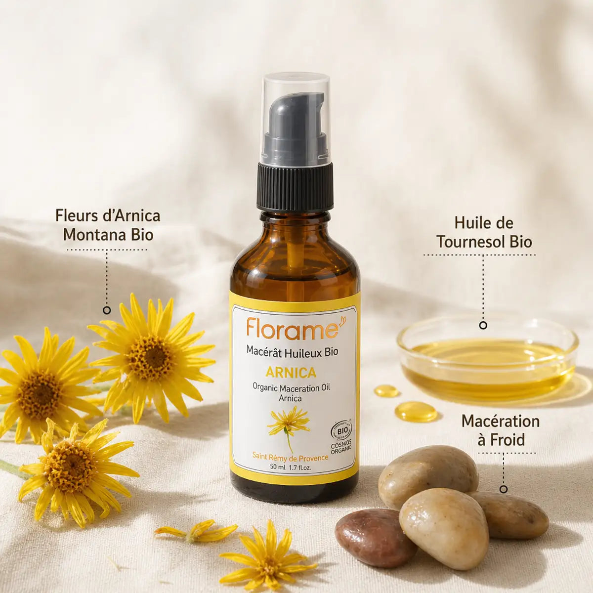 Macérât huileux d'arnica bio Florame en flacon verre ambré avec pompe noire et ingrédients naturels