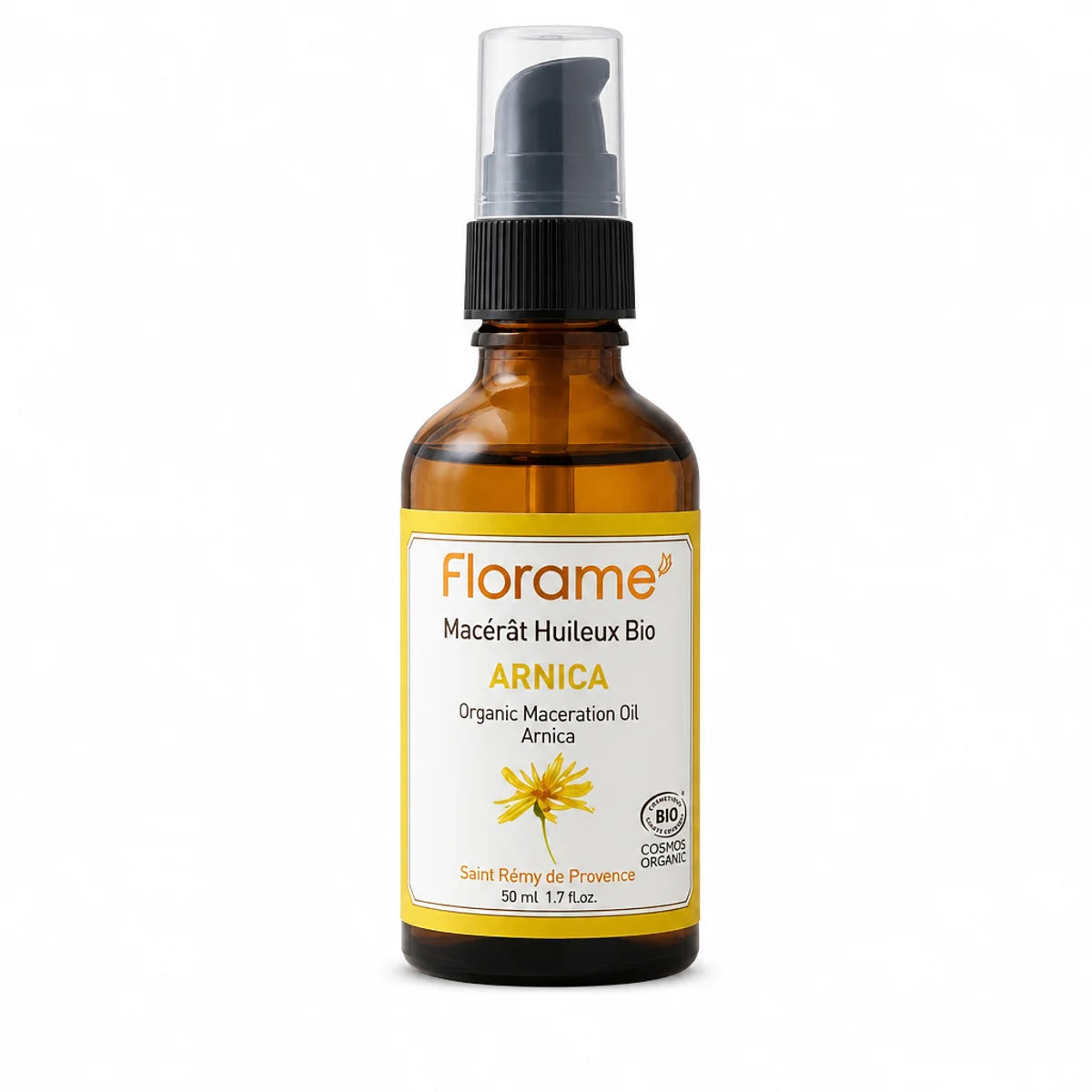 Macérât Huileux d'Arnica bio Florame en flacon spray sur fond blanc