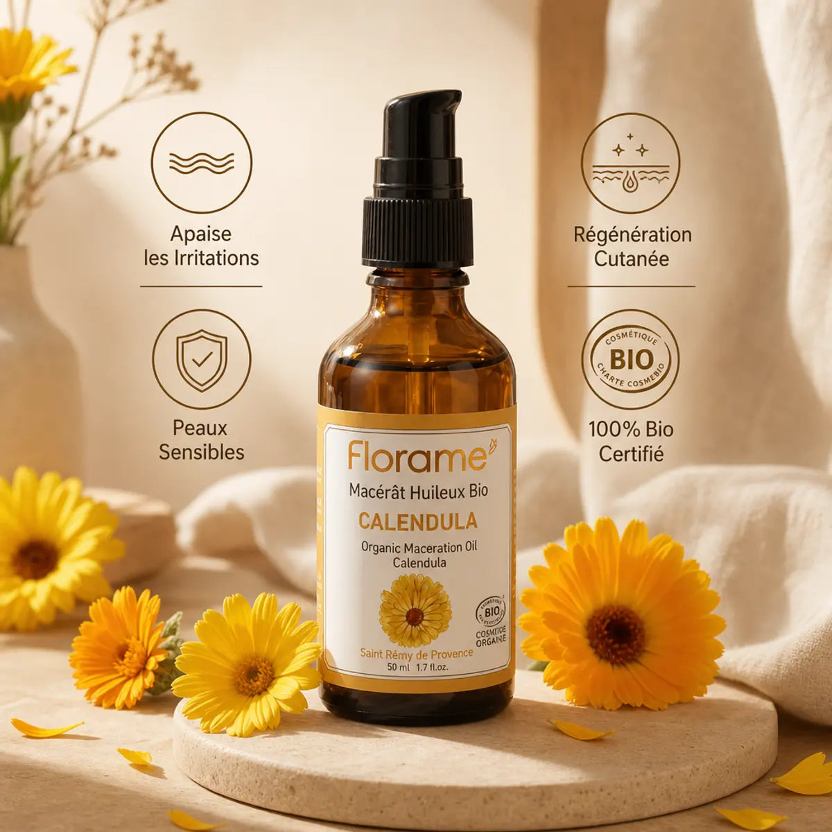 Macérât huileux calendula bio Florame avec bénéfices peaux sensibles et régénération cutanée