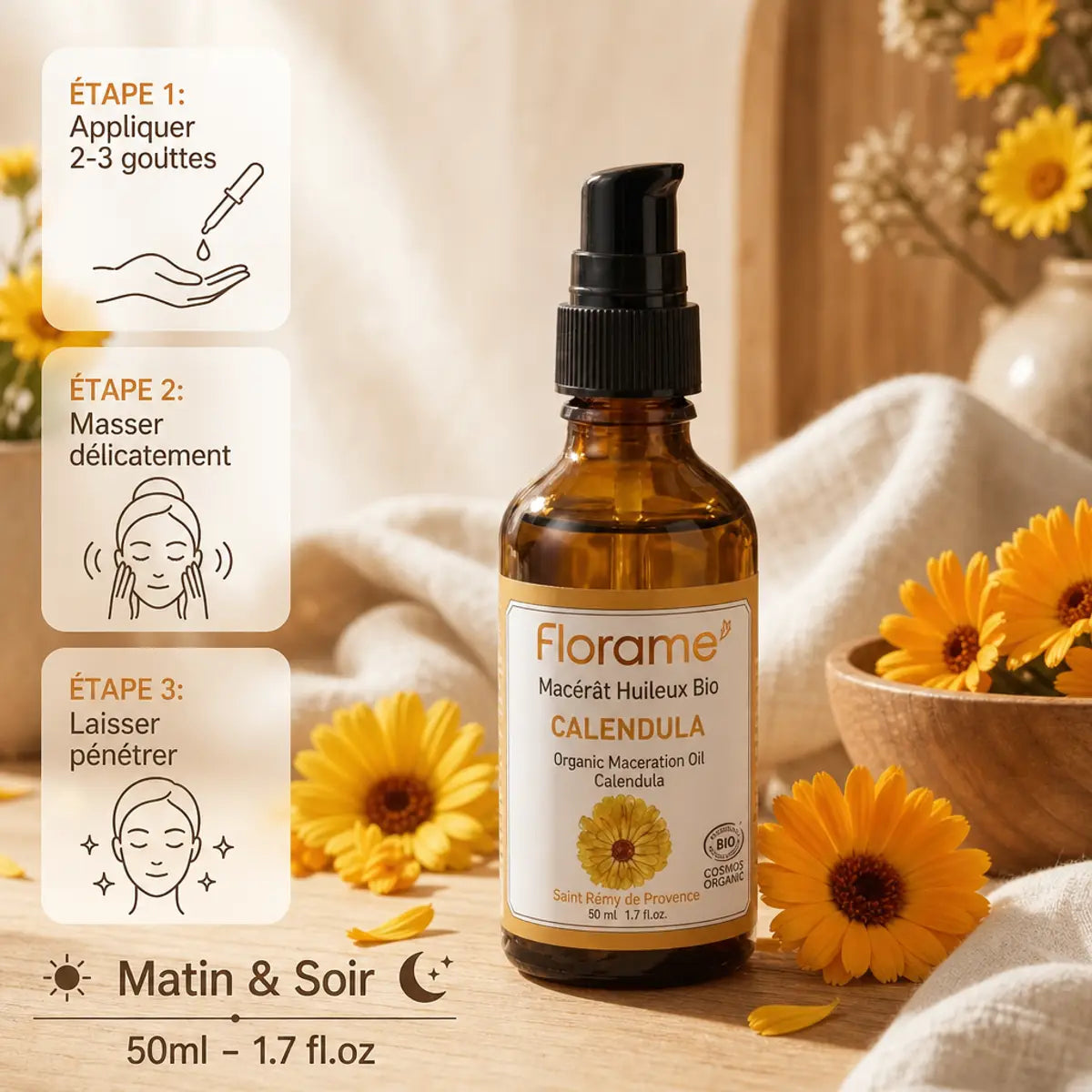 Macérât huileux Calendula bio Florame avec guide d'application - utilisation matin et soir