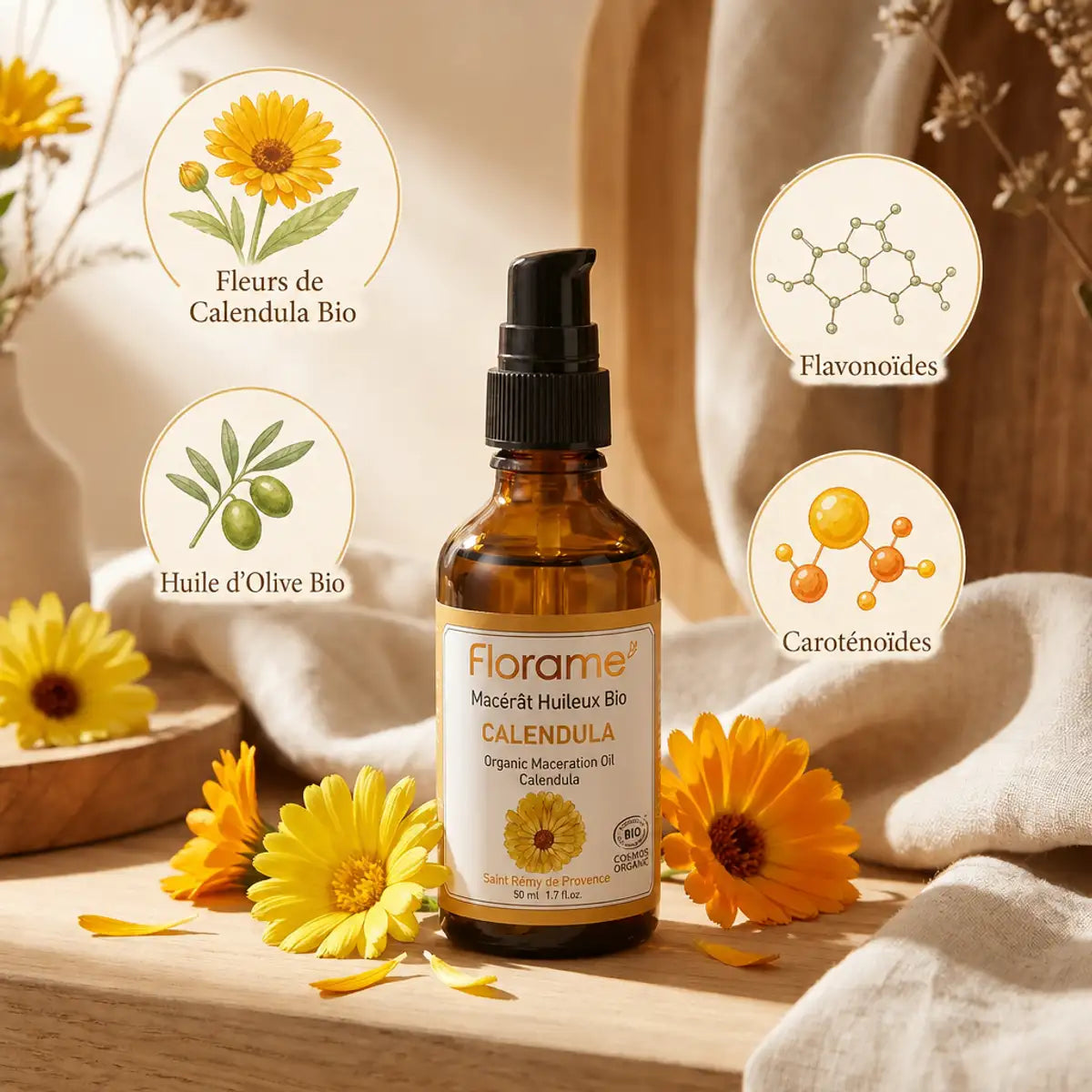 Macérât Huileux Calendula Bio Florame avec fleurs et ingrédients naturels sur bois