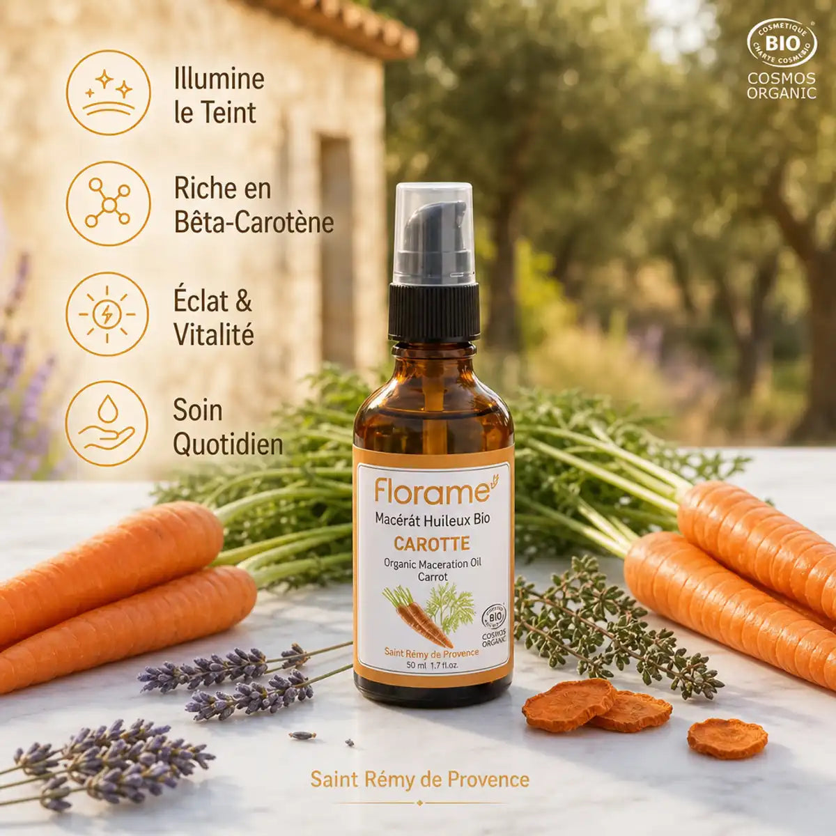 Macérât Huileux de Carotte bio Florame avec bêta-carotène, illumine le teint et vitalité