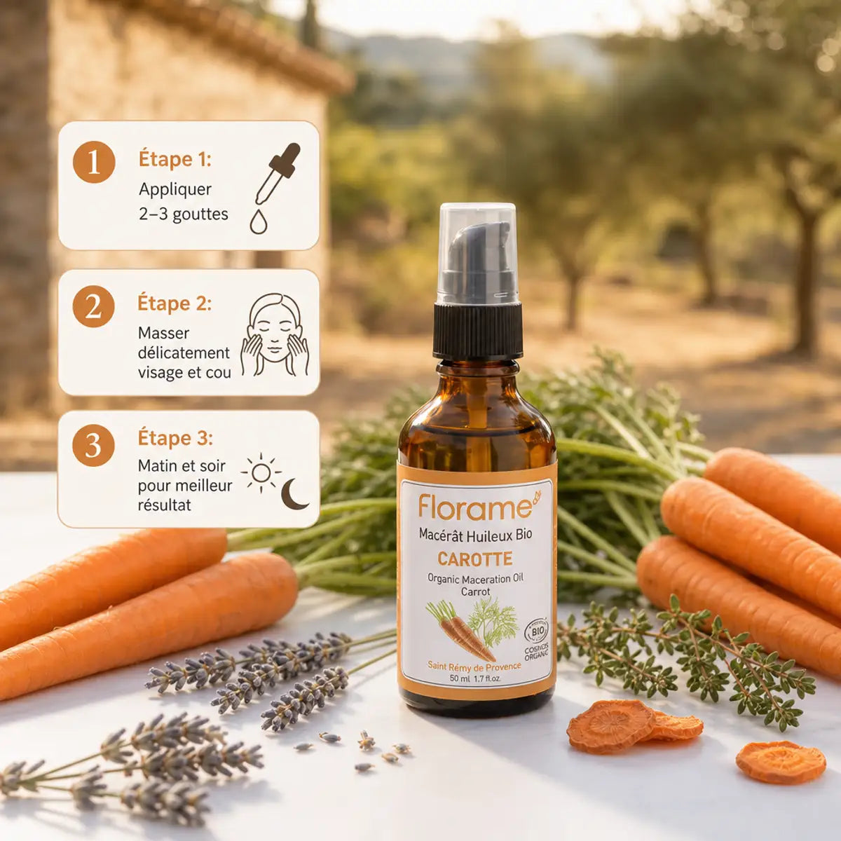 Macérât huileux carotte bio Florame avec guide utilisation visage et cou
