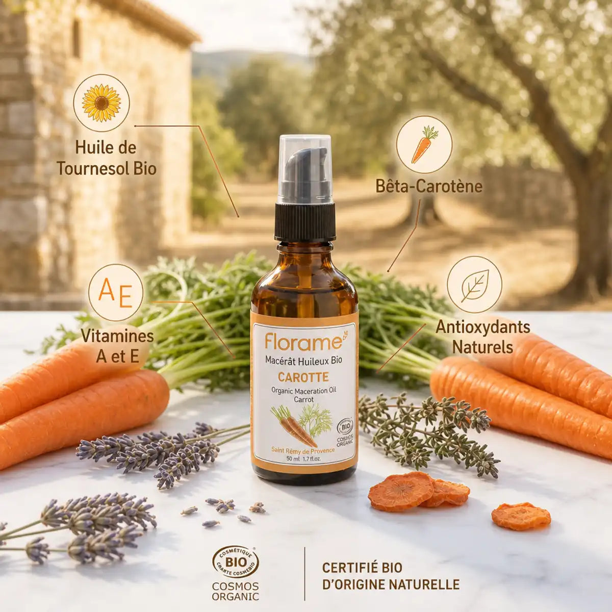 Macérât huileux de carotte bio Florame en flacon avec ingrédients naturels et certification organic
