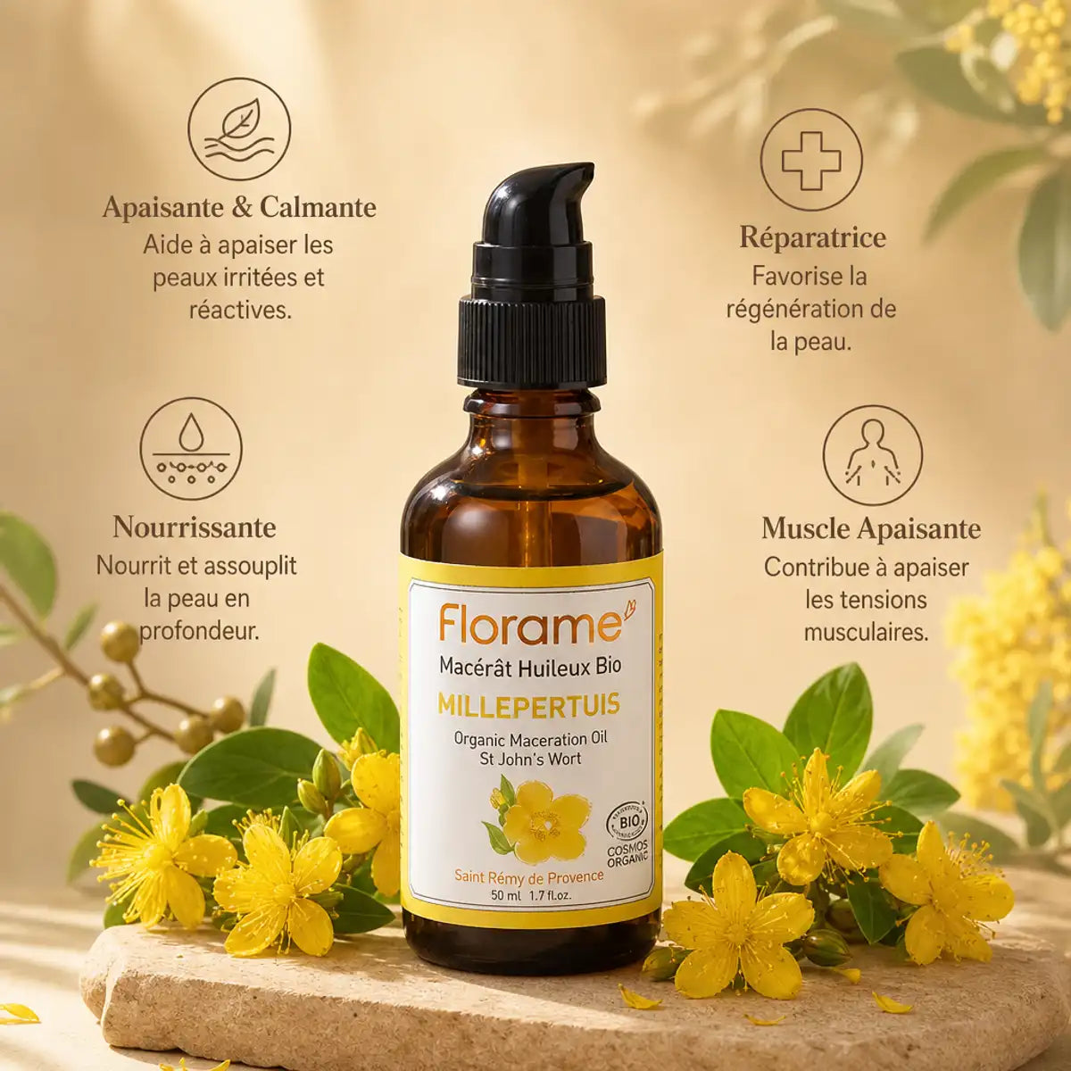Macérat huileux de Millepertuis Florame bio avec ses 4 bénéfices : apaisant, réparateur, nourrissant et relaxant