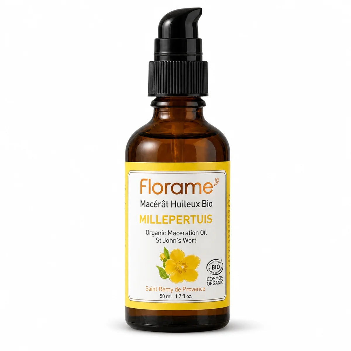 Macérat huileux millepertuis bio Florame 50ml flacon verre ambré pompe noire