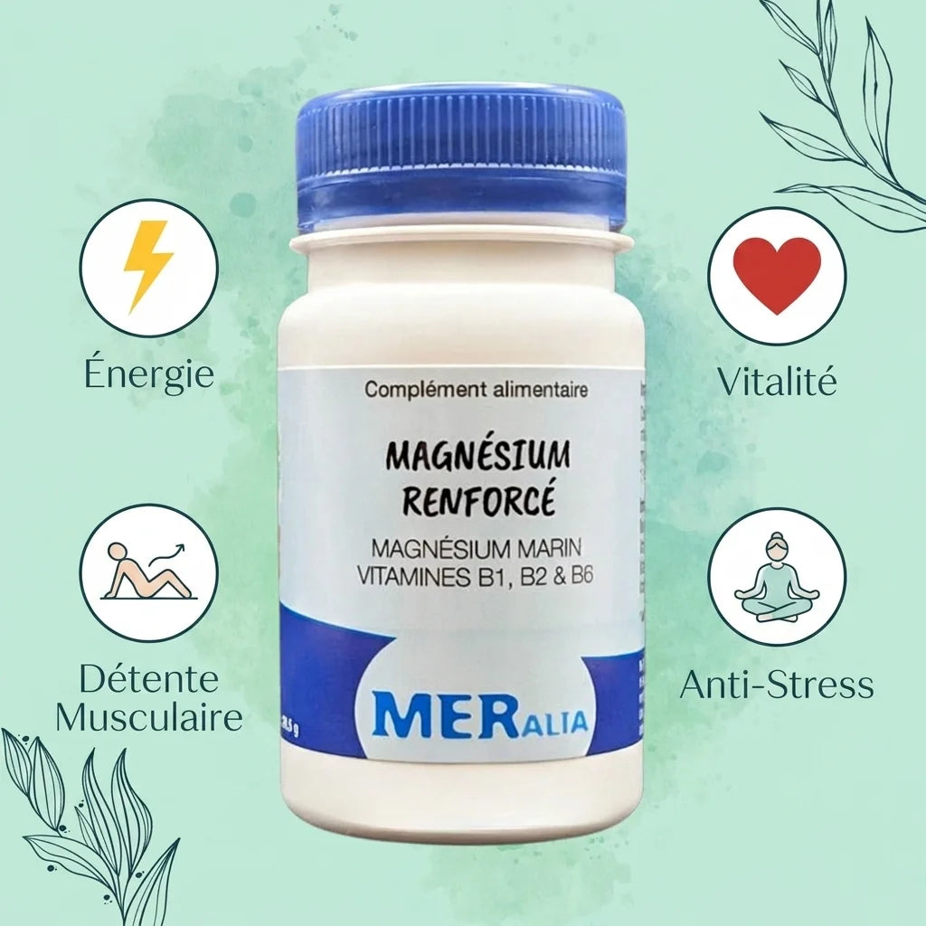 Magnésium Renforcé MERalia avec bénéfices : énergie, vitalité, détente musculaire, anti-stress