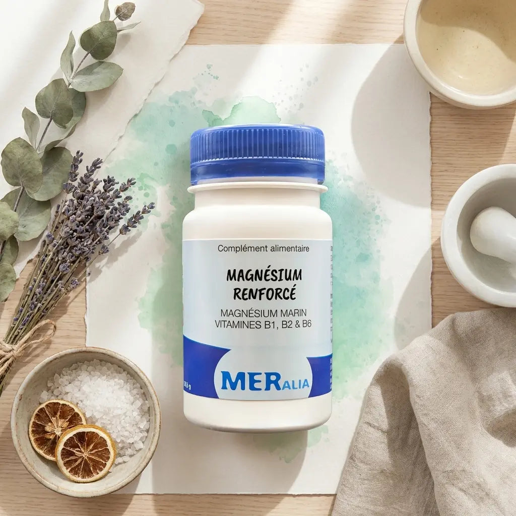 Bouteille de magnésium renforcé MERalia avec fleurs séchées et éléments de bien-être naturel