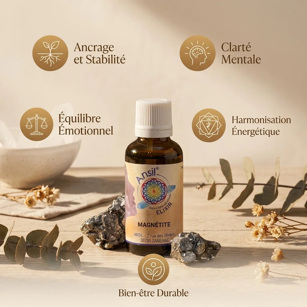 Elixir Magnetite avec infographie des 5 bénéfices : ancrage, équilibre émotionnel, clarté mentale, harmonisation énergétique et bien-être
