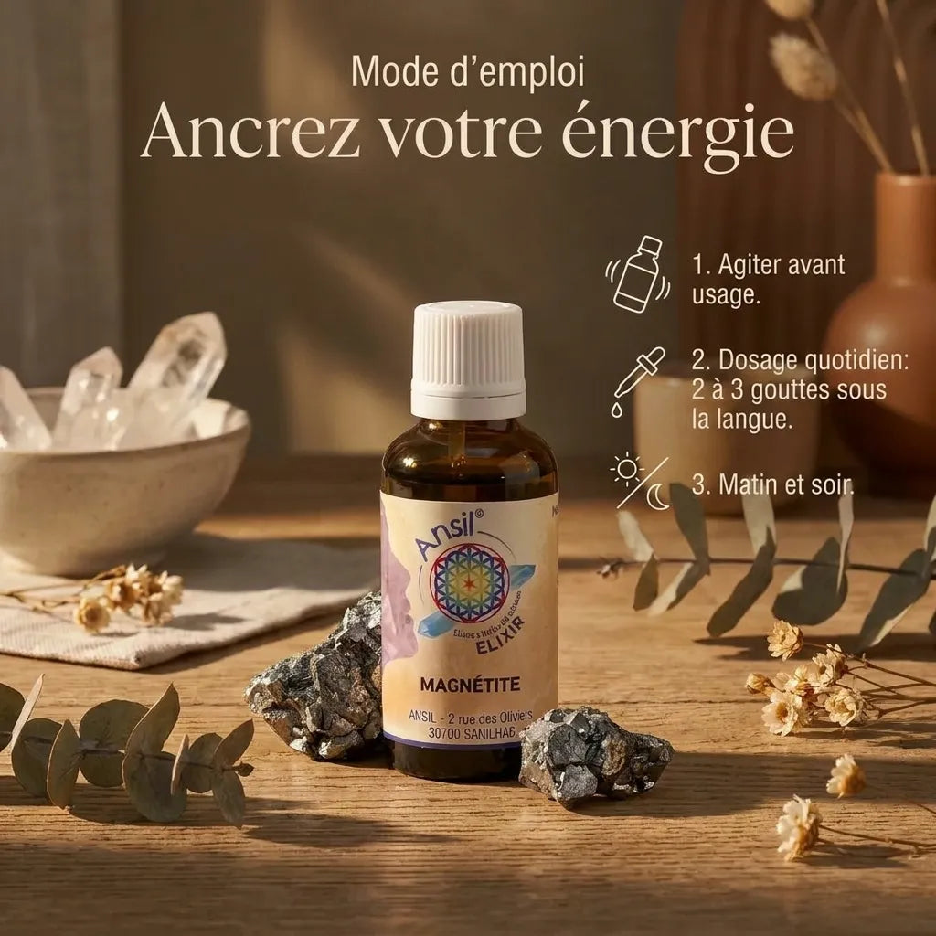 Elixir cristal Magnétite Ansil avec mode d'emploi dosage, pierres magnétite et fleurs séchées