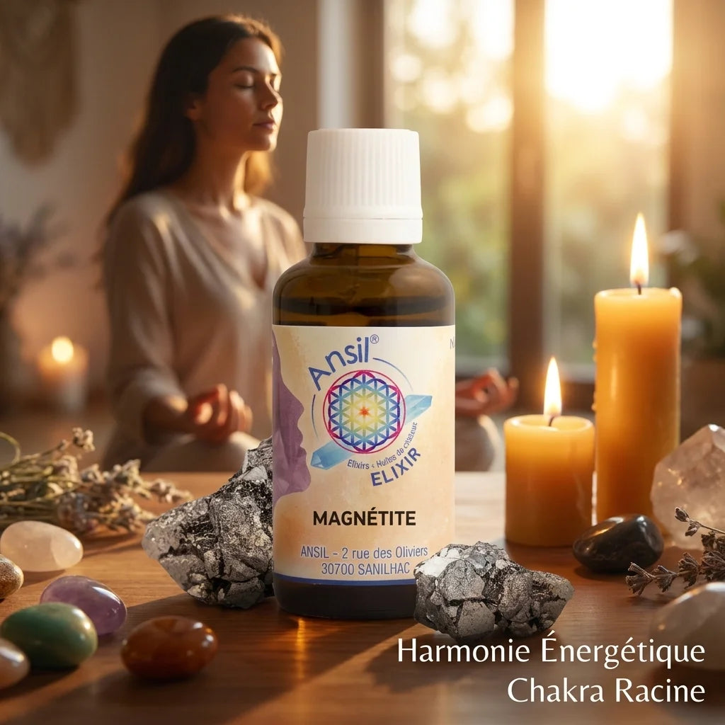 Elixir de cristal Magnétite dans un cadre spirituel avec bougies et cristaux pour l'harmonie énergétique