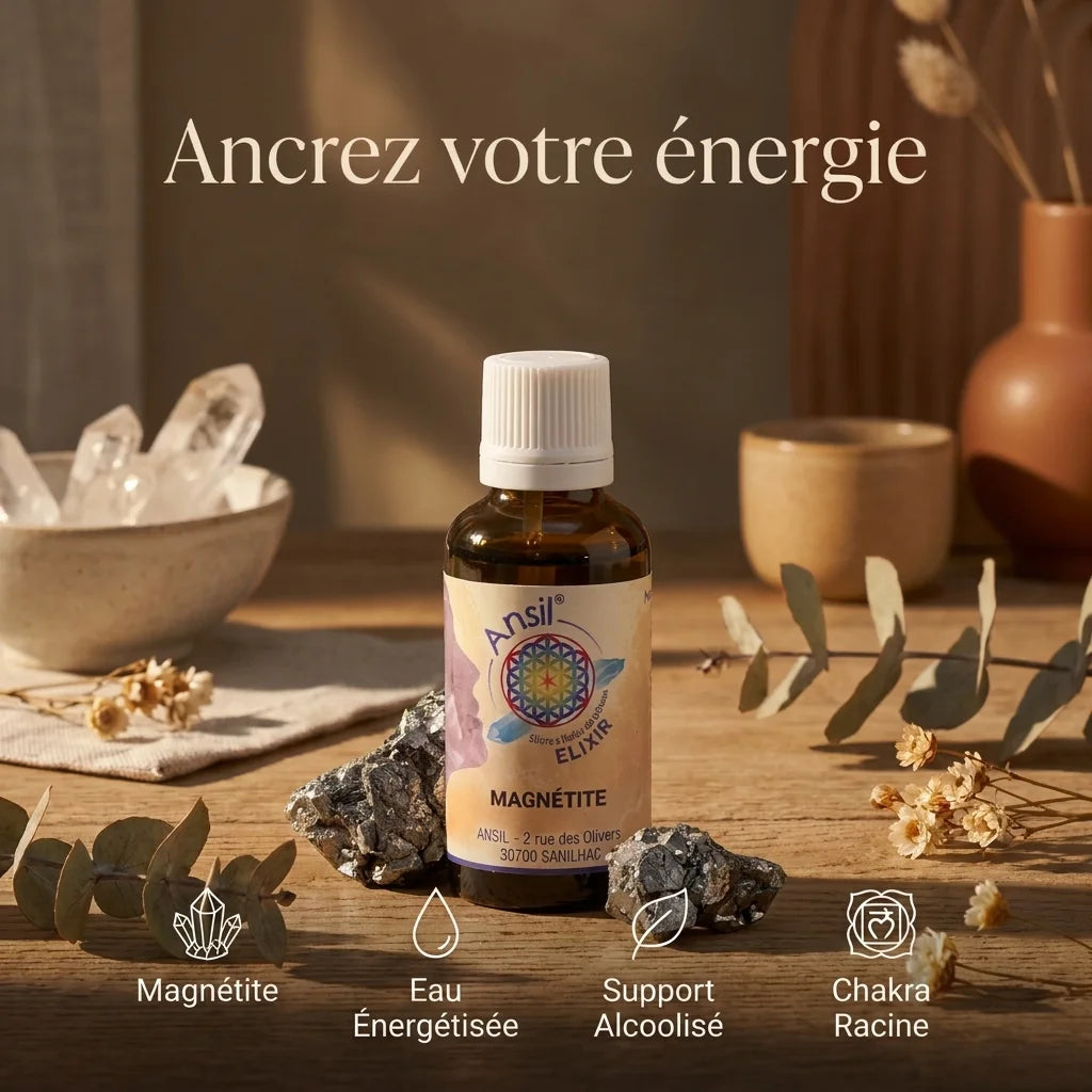 Elixir de cristal Magnétite avec minéraux bruts et botaniques sur bois naturel