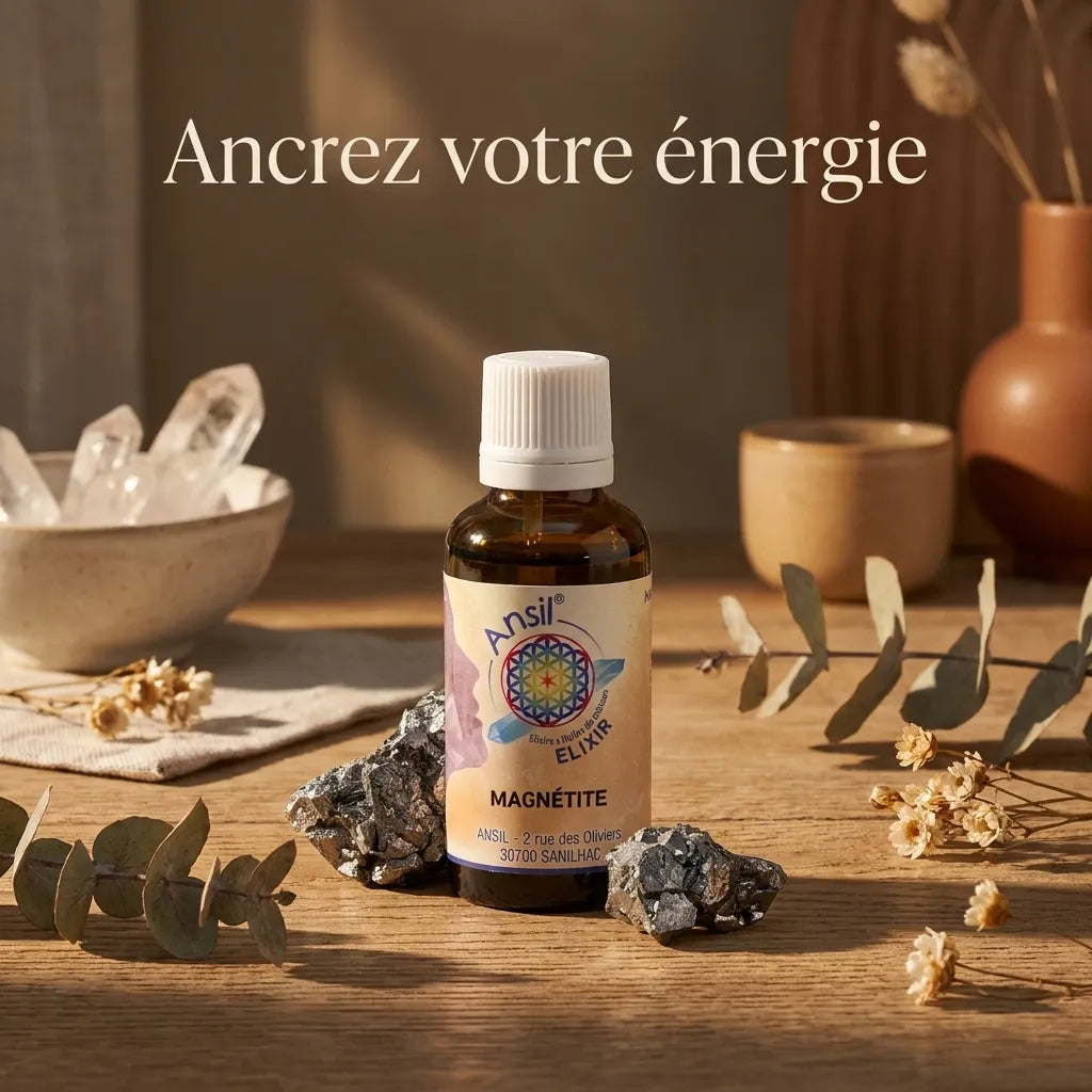 Élixir de cristal Magnétite dans un décor wellness minimaliste avec pierres brutes et éléments botaniques