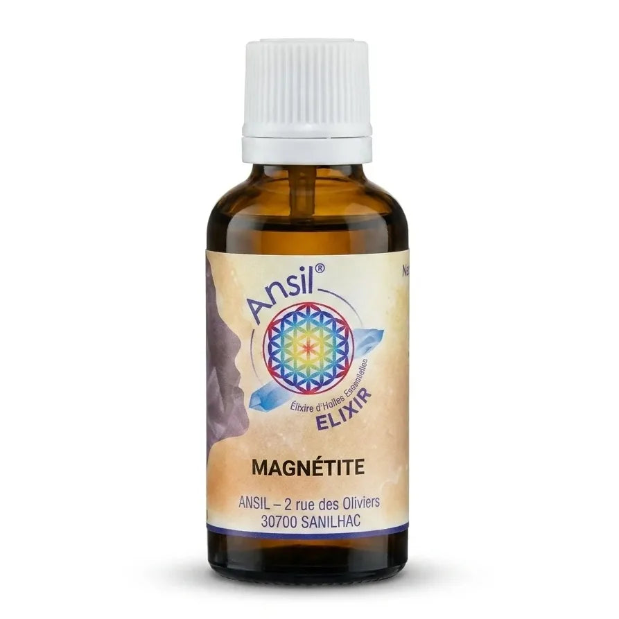 Bouteille élixir de cristal Magnétite Ansil verre ambré sur fond blanc