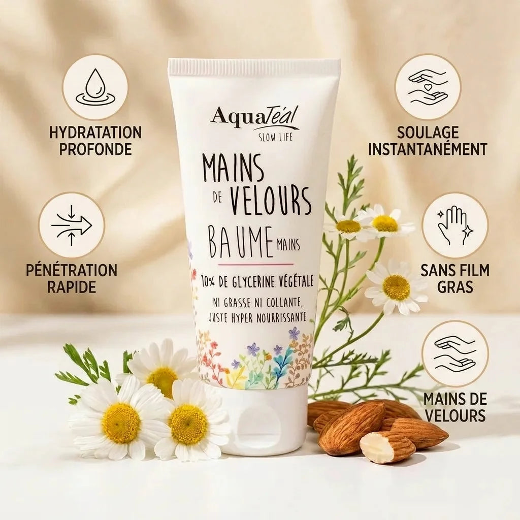 Baume mains Aquatéal avec bénéfices hydratation et douceur velours - infographie produit