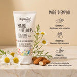 Tube Mains de Velours Aquatéal avec instructions d'application et ingrédients sur fond beige avec fleurs