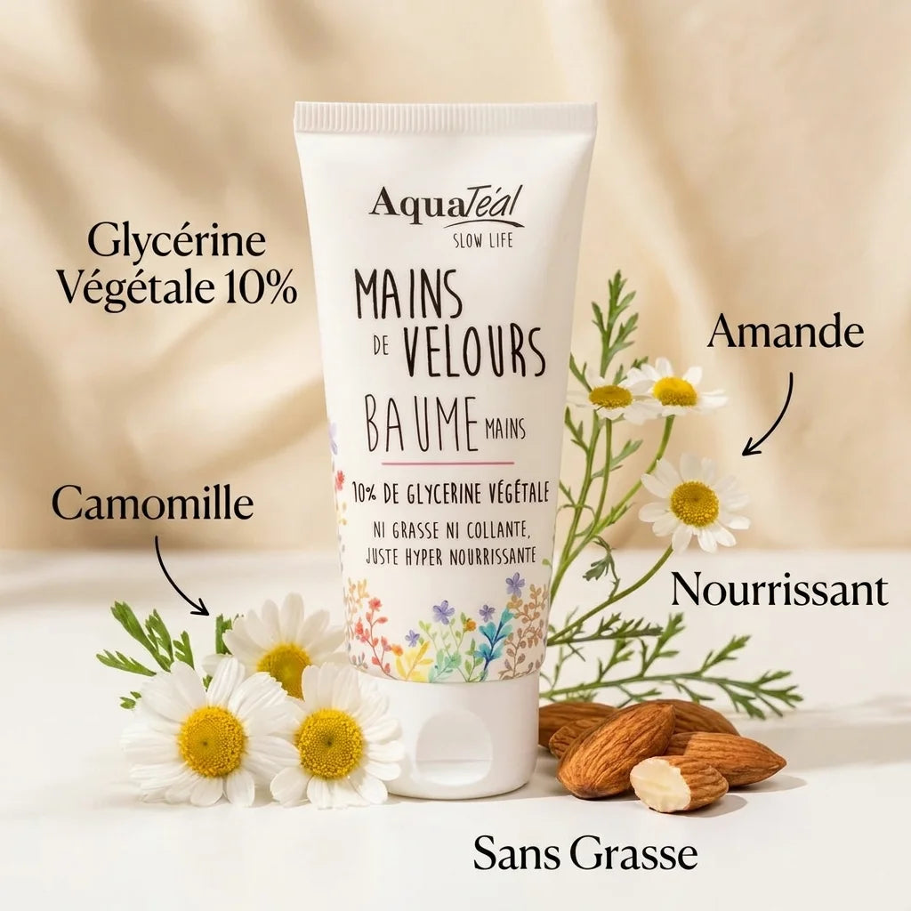 Tube de baume pour les mains Mains de Velours Aquatéal avec camomille, amande et glycérine végétale
