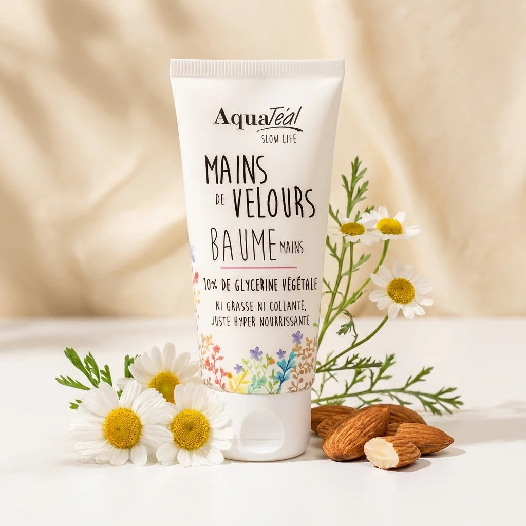 Tube de baume mains Aquatéal Mains de Velours entouré de fleurs et amandes, ambiance spa luxe