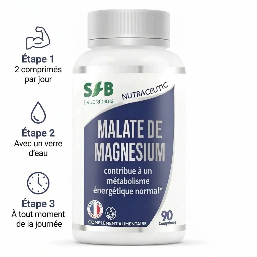 Bouteille Malate de magnésium SFB avec guide dosage 2 comprimés par jour et verre d'eau