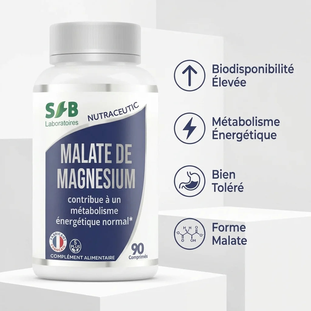 Bouteille Malate de magnésium SFB 90 comprimés avec caractéristiques biodisponibilité et métabolisme énergétique