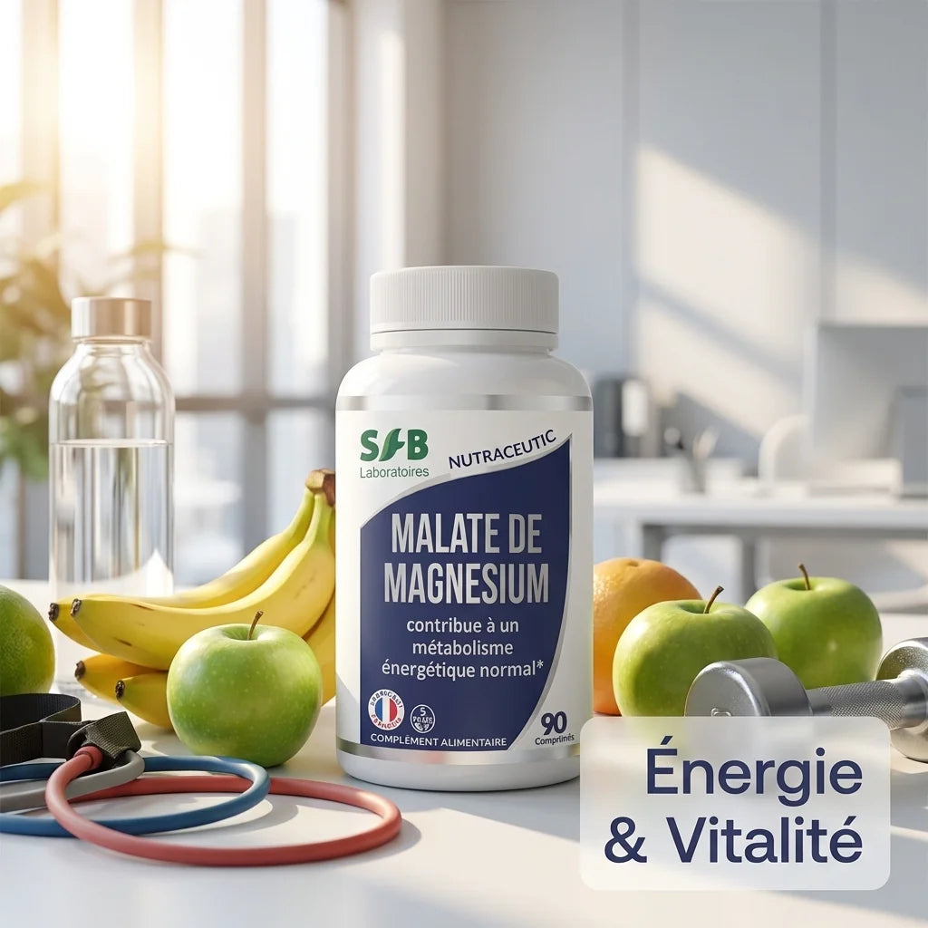 Bouteille de Malate de magnésium SFB 90 comprimés entourée de fruits frais et accessoires fitness en environnement lumineux