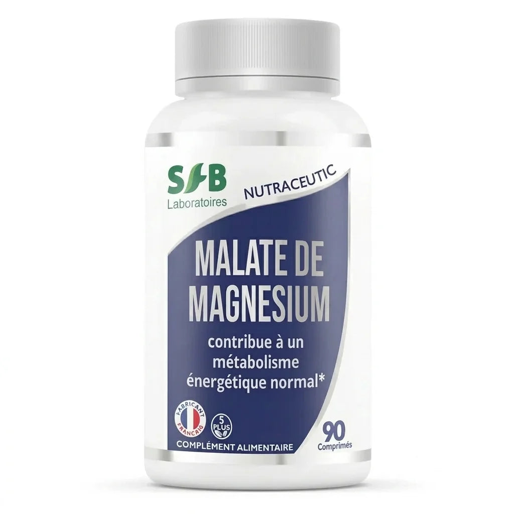 Bouteille de Malate de magnésium SFB en comprimés avec étiquette bleue marine