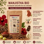 Poudre bio Manjistha Ayurvana avec infographie des bénéfices cheveux naturels et brillants