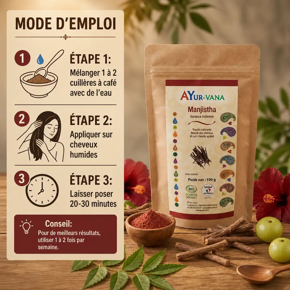 Manjistha bio poudre Ayurvana avec ingrédients ayurvédiques et guide d'utilisation étapes