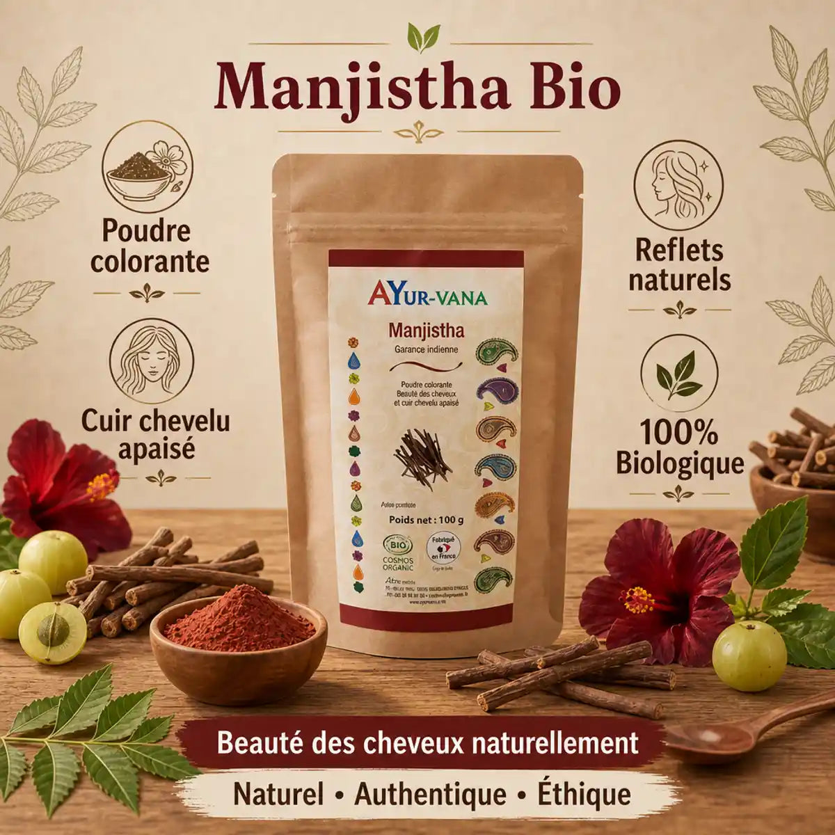 Manjistha bio poudre Ayur-vana avec ingrédients ayurvédiques naturels et étiquetage français
