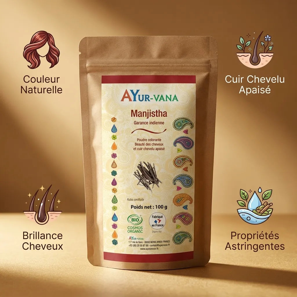 Manjistha bio en poudre Ayurvana avec bénéfices cheveux - couleur naturelle, cuir chevelu apaisé et brillance