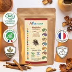 Poudre de Manjistha bio Ayurvana certifiée en emballage kraft avec badges Bio AB et Fabriqué en France