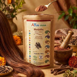Manjistha bio en poudre Ayurvana pour coloration naturelle des cheveux avec mortier