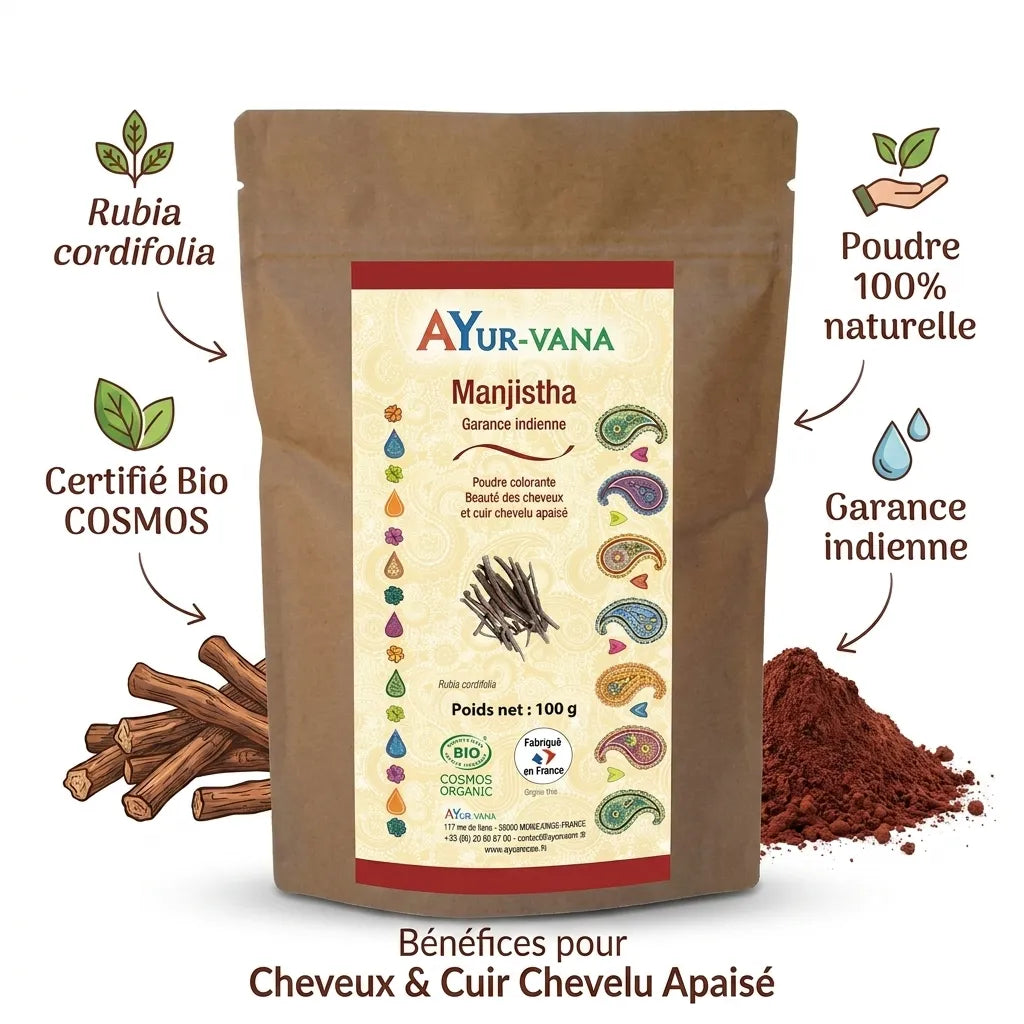 Manjistha bio en poudre Ayurvana - Garance indienne certifiée COSMOS, ingrédients naturels