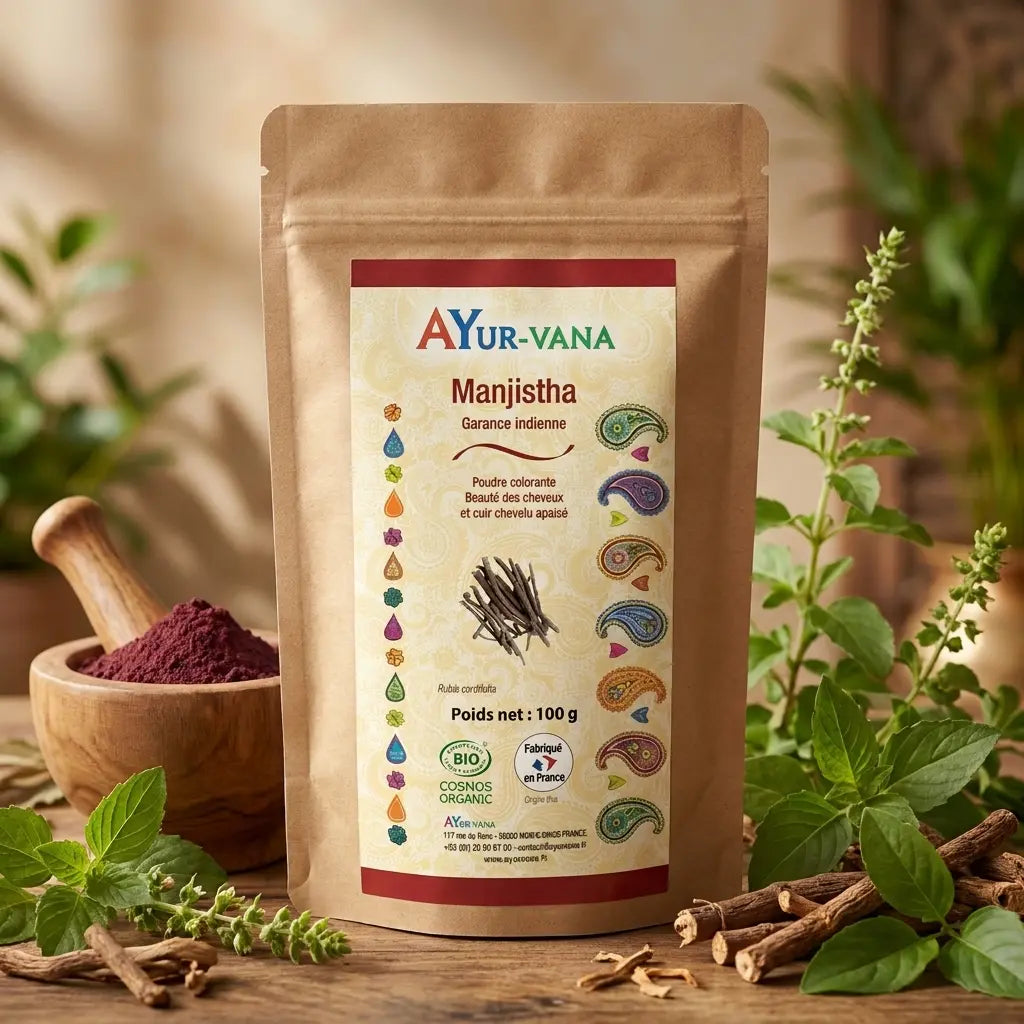 Poudre Manjistha bio Ayur-Vana en sachet kraft sur bois avec herbes et mortier, ambiance ayurvédique