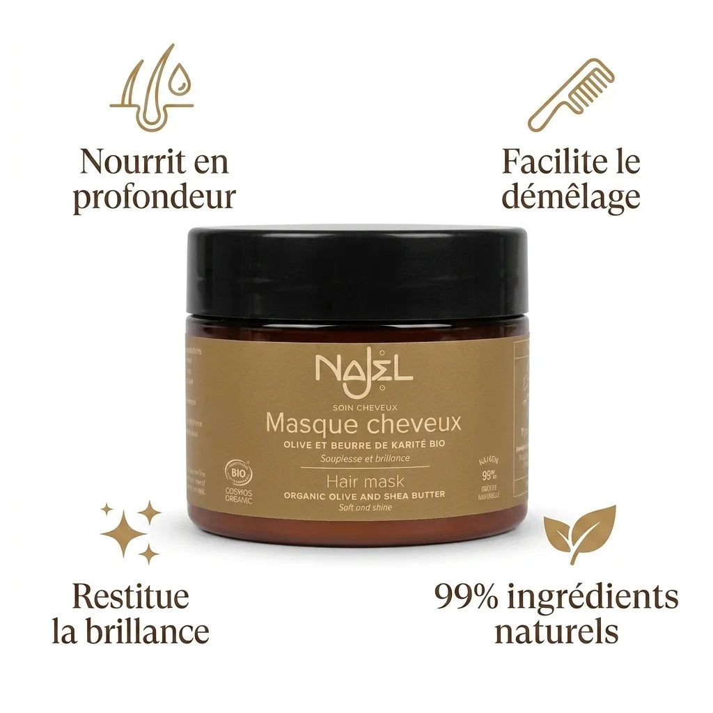 Masque cheveux beurre de karité bio Najel avec bénéfices démêlant et brillance