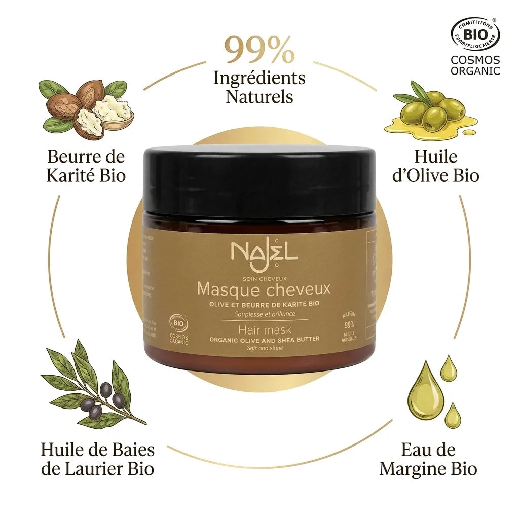 Masque cheveux Najel beurre de karité bio avec ingrédients naturels certifiés Cosmos