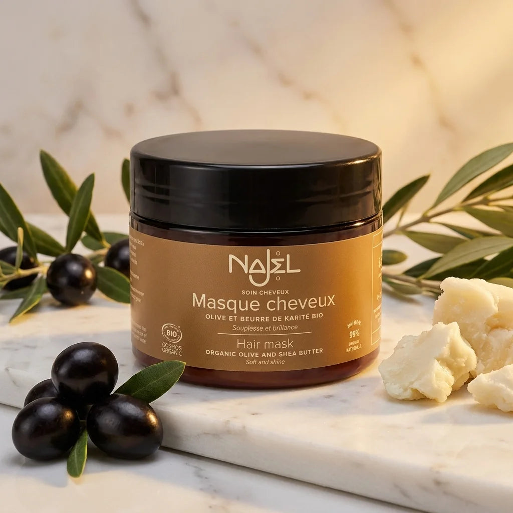 Masque cheveux démêlant beurre de karité Najel bio avec olives et ingrédients naturels