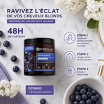 Masque Déjaunisseur Centifolia Bio avec mode d'emploi, fleurs blanches et myrtilles sur marbre