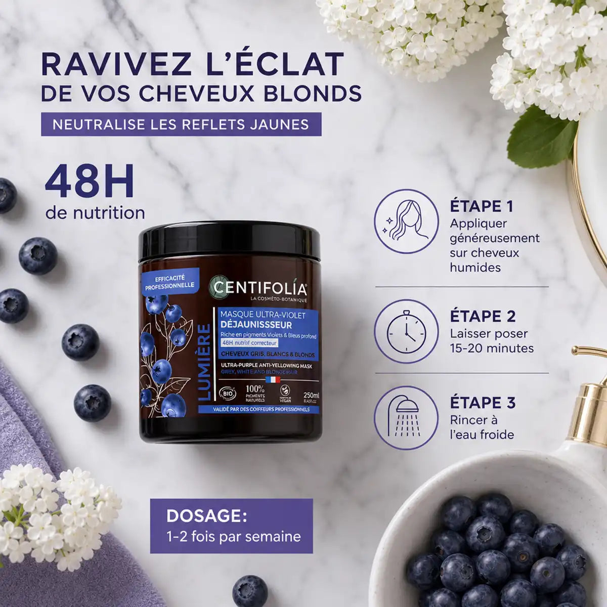 Masque Déjaunisseur Centifolia Bio avec mode d'emploi, fleurs blanches et myrtilles sur marbre